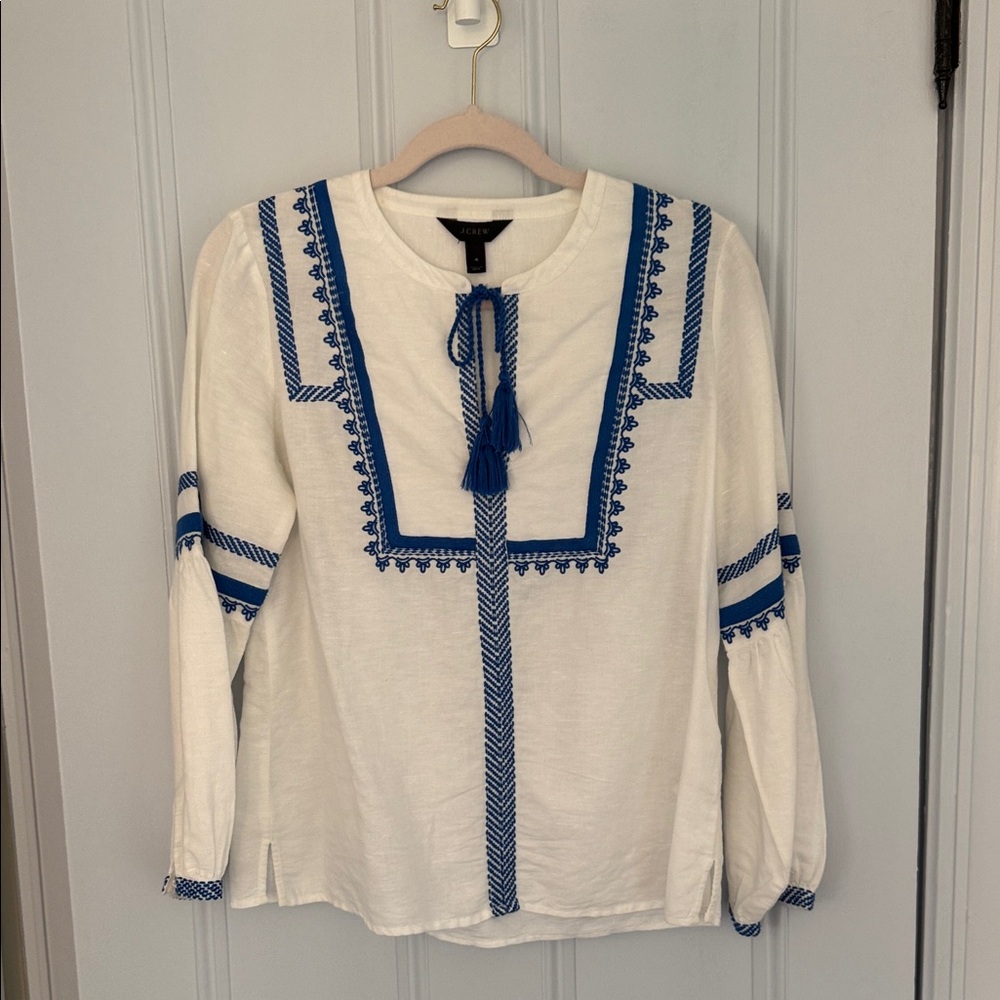 J. Crew White Blouse with Blue Embroidery and Tassel Tie